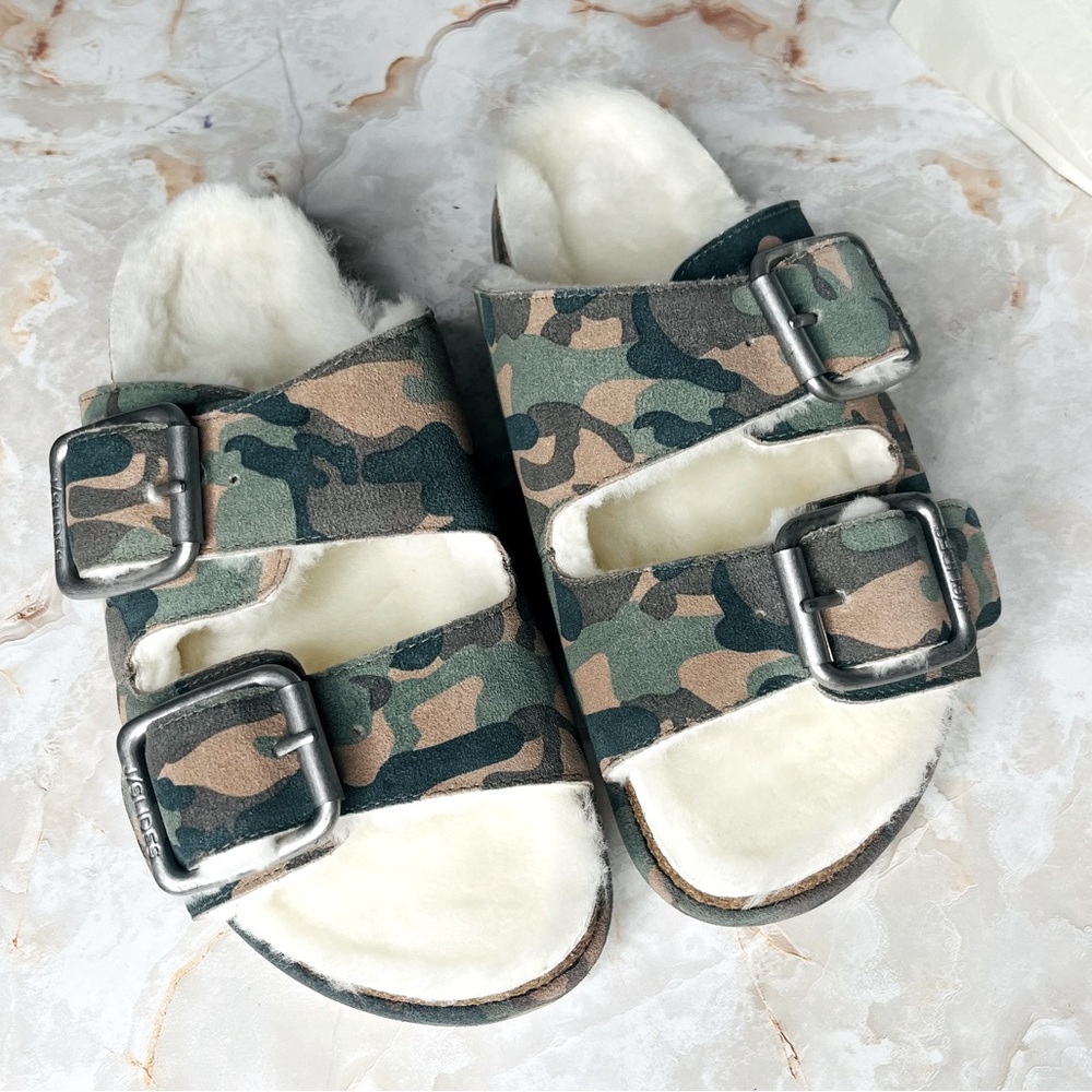 J/Slides Green Camo Lynx Shearling Suede Sandal  NEW 6.5